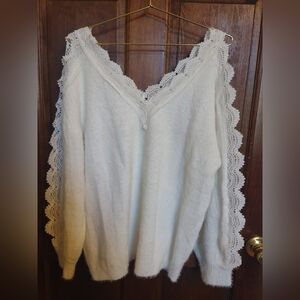 White fluffy sweater with open lace detail sleeves sz XL